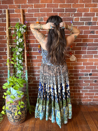 Sunlit Grove Tiered Patchwork Hi Lo Recycled Sari Dress