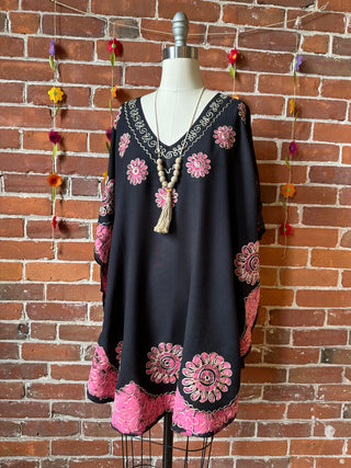 Artemis Batik Long Tunic Top - Black/Pink