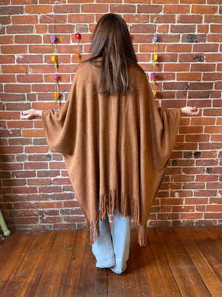 Earthy Mama Long Brown Fringe Poncho With Pockets