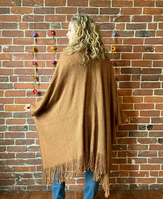 Earthy Mama Long Brown Fringe Poncho With Pockets