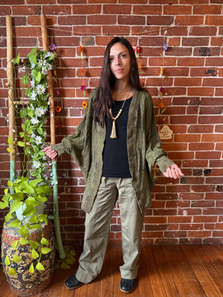 Solstice Stroll Basil Green Patchwork Batwing Sleeve Kimono Layer - Fair Trade Made