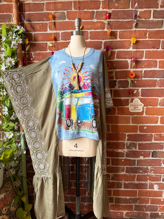 Batik Hippie Bus Tie Dye Sage Embroidered Hi Lo Poncho Top