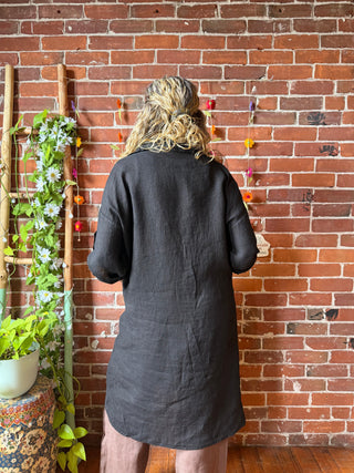 Nomad Linen Button Up Long Tunic / Dress Layer with Pockets- Made in Italy