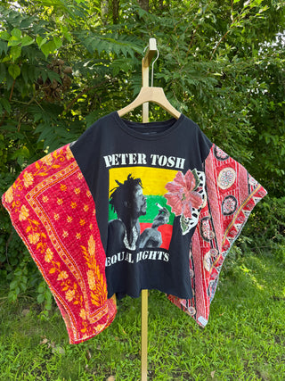 OOAK Summer Collection- Upcycled Peter Tosh Inspired Vintage Embroidered Flower Patch Kantha Poncho Tee