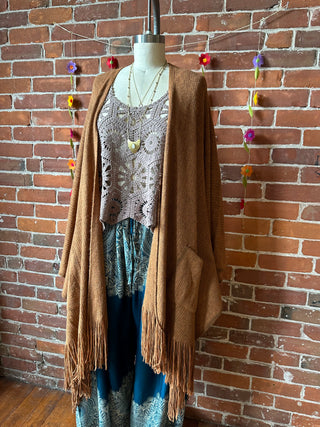 Earthy Mama Long Brown Fringe Poncho With Pockets