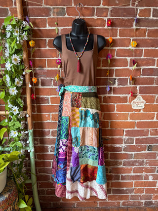 Reversible Upcycled Sari Silky Patchwork Wrap Skirt - Fair Trade Made