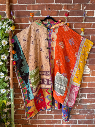 Mystery Print Autumn Sunset Patchwork Upcycled Kantha Hoodie Poncho Jacket- Fair Trade Made