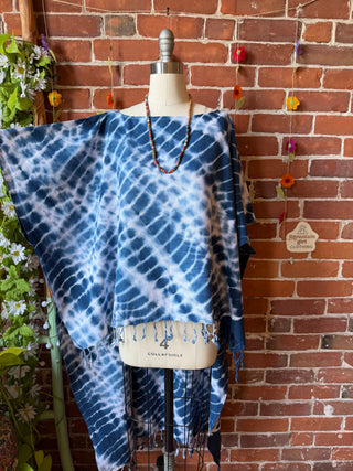 Indigo Sky Fringe Tie Dye Hi Lo Poncho Coverup Tunic Top- 100% Cotton