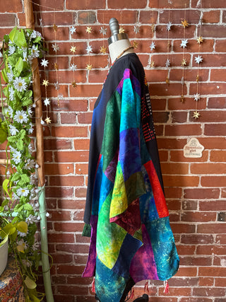 OOAK Winter Collection- Upcycled Silk Patchwork Tie Dye Willie Nelson Inspired Hi Lo Poncho Top