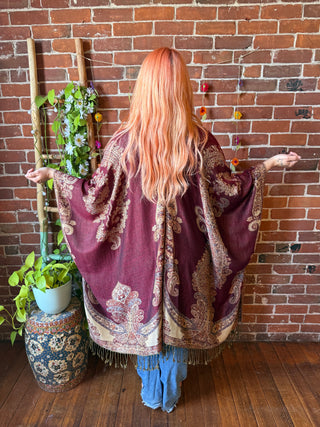 Rust + Gold Goddess Flowy Woven Fringe Kimono Ruana - Made In Canada