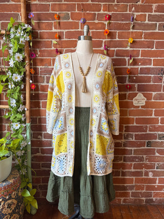 Bohemian Luna Butterfly Crochet Granny Square Sweater - Yellow +Blue