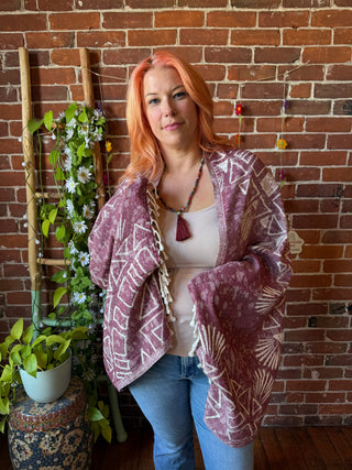 Red Sky Fringe Cocoon Shawl Reversible Kimono - 100% Cotton