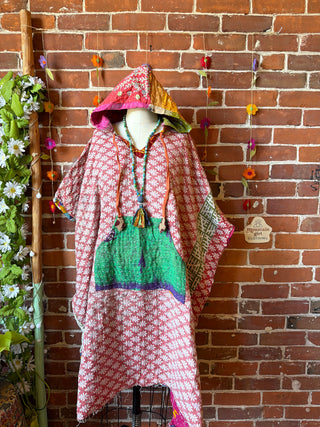 Sierra Dreams Reversible 100% Cotton Kantha Poncho Tunic Hoodie Beach Coverup - Fair Trade Made
