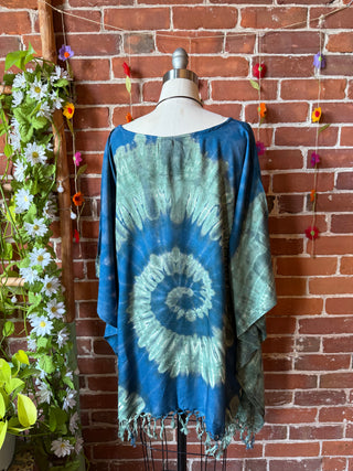 Spiral Ocean Tones Tie Dye Fringe Poncho