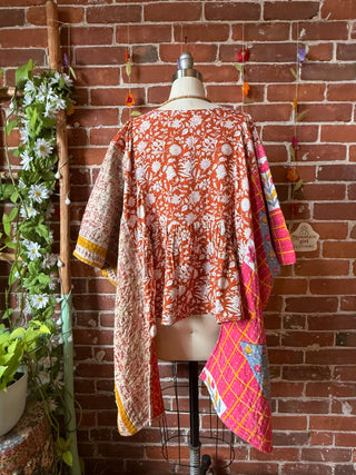OOAK Autumn Collection- Upcycled Block Print Kantha Hi Lo Poncho Top