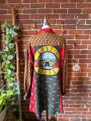 OOAK Autumn Collection- Size L/XL Upcycled Flowy Patchwork Guns N Roses Inspired Button Up Too