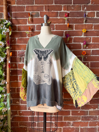 OOAK Summer Collection- Upcycled Patchwork Bell Sleeve Nature Tie Dye Sweatshirt Size XL