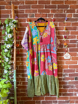 Coffee In The Morning Kantha Dress - Fits up to 3X - 100% Cotton- Fair Trade Made