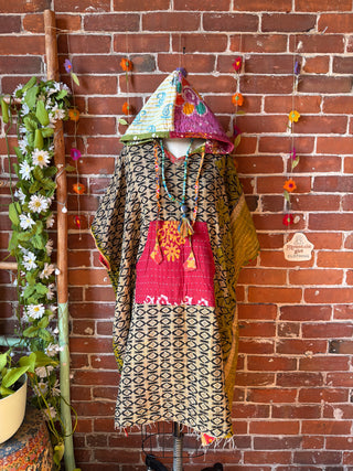 Sierra Dreams Reversible 100% Cotton Kantha Poncho Tunic Hoodie Beach Coverup - Fair Trade Made