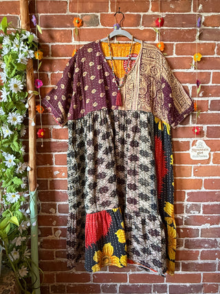 Coffee In The Morning Kantha Dress - Fits up to 3X - 100% Cotton- Fair Trade Made