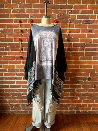 Stevie Nicks Inspired Black Tassel Embroidered Poncho