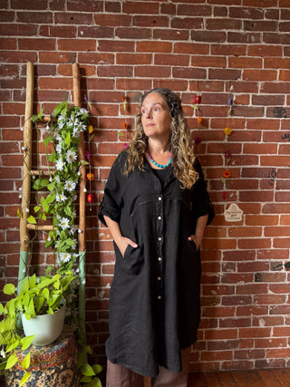 Nomad Linen Button Up Long Tunic / Dress Layer with Pockets- Made in Italy