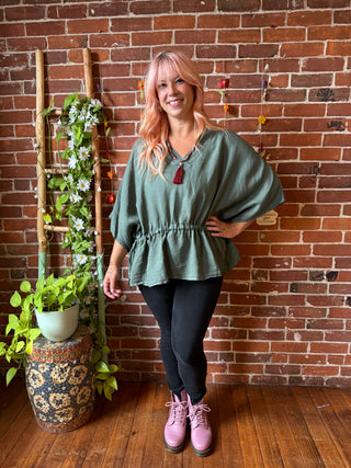Nomad Linen Drawstring Waist Top -Moss- Made in Italy