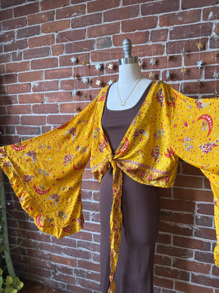 Golden Yellow Sun, Moon + Stars Celestial Cropped Bell Sleeve Wrap Top