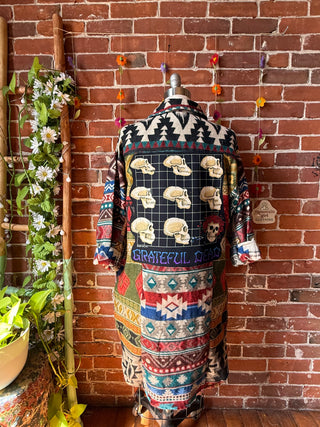 OOAK Summer Collection- Upcycled Grateful Dead Inspired Geometric Woven Button Up Tunic Top Shacket
