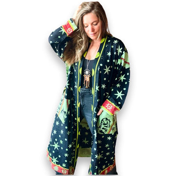 Free Size. Fits  up to XXL. Zodiac Sign Long Tapestry Robe Kimono w/ Pockets + Belt Item: 1180
