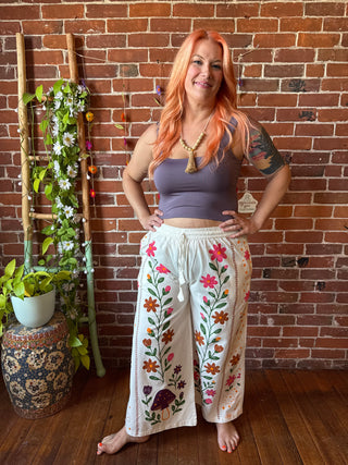 Moon Garden White Wide Leg Lounge Pants - Fair Trade Made - Multiple Sizes Available