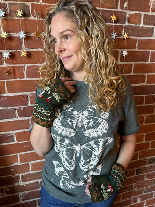 Mushroom Fair Isle Fleece Lined Wool Handwarmers / Fingerless Gloves