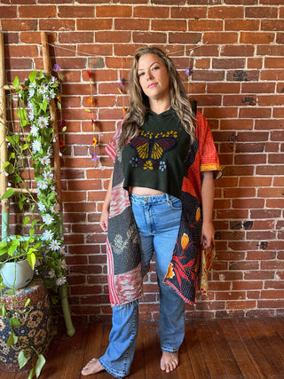 Upcycled Embroidered Butterfly Cropped Inspired Hi Lo Kantha Poncho Hoodie