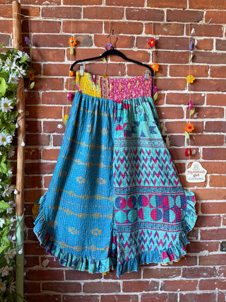 Coffee In The Morning Kantha Ruffle Wide Leg Lounge Pants - Fits up to 2X - Fair Trade Made
