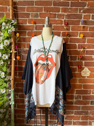 Upcycled Rolling Stones Inspired Navy Embroidered Poncho Tassel Top