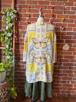 Bohemian Luna Butterfly Crochet Granny Square Sweater - Yellow +Blue