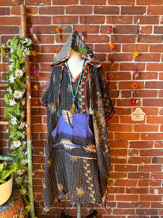 Sierra Dreams Reversible 100% Cotton Kantha Poncho Tunic Hoodie Beach Coverup - Fair Trade Made