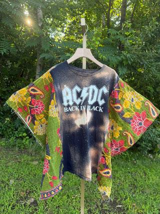 OOAK Summer Collection- Upcycled AC/DC Kantha Poncho Tee
