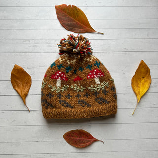 Magic Mushroom Embroidered Wool Pom Pom Beanie Hat