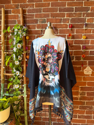 Upcycled Grateful Dead Hockey Inspired Navy Embroidered Poncho Tassel Top