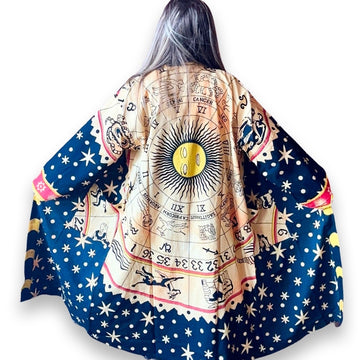 Free Size. Fits  up to XXL. Zodiac Sign Long Tapestry Robe Kimono w/ Pockets + Belt Item: 1181