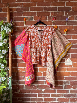 OOAK Autumn Collection- Upcycled Block Print Kantha Hi Lo Poncho Top