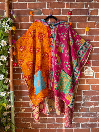 Mystery Print Autumn Sunset Patchwork Upcycled Kantha Hoodie Poncho Jacket- Fair Trade Made