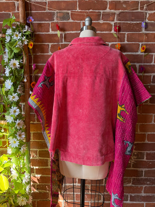 OOAK Autumn Collection - Size XS/Small Upcycled Crop Patch Hi Lo Kantha Poncho Jacket
