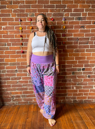 Size 14-22 Harem Yoga Foldover Waistband Patchwork Pants - Purple