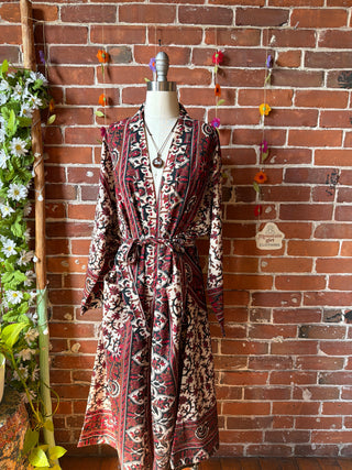 Red Black Brown Mandala Long Tapestry Robe Kimono with Pockets and Belt
