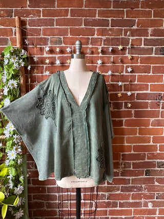 In Zen Mode Doily V-Neck Poncho Top - In Charcoal + Olive
