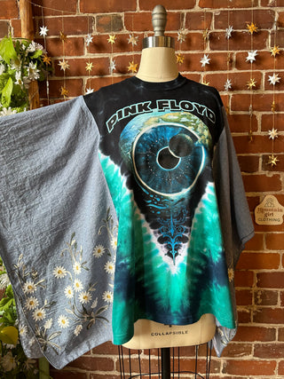 Upcycled Pink Floyd Tie Dye Inspired Daisy Embroidered Poncho Top