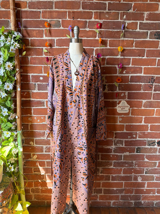Lavender + Orange Long Tapestry Robe Kimono w/ Pockets + Belt - Fair Trade Made