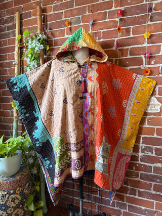 Mystery Print Autumn Sunset Patchwork Upcycled Kantha Hoodie Poncho Jacket- Fair Trade Made